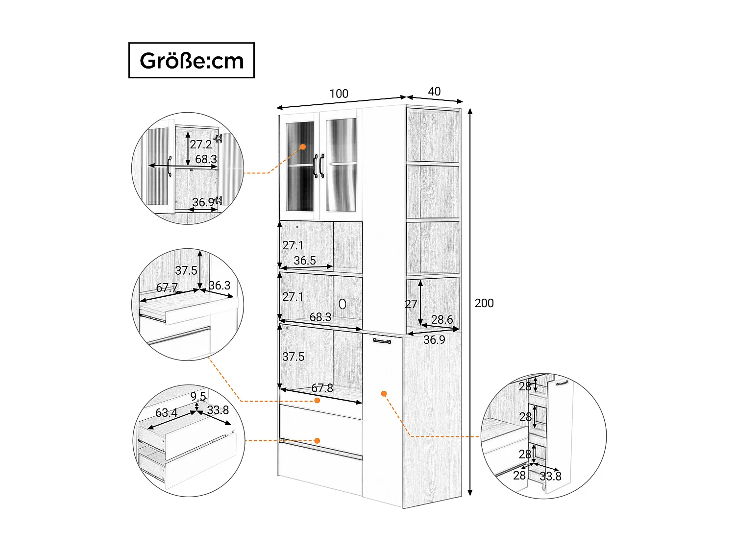 Hoog keukendressoir - 100 x 40 x 200 cm - met verstelbare planken en lades + deuren - MDF - wit + naturel
