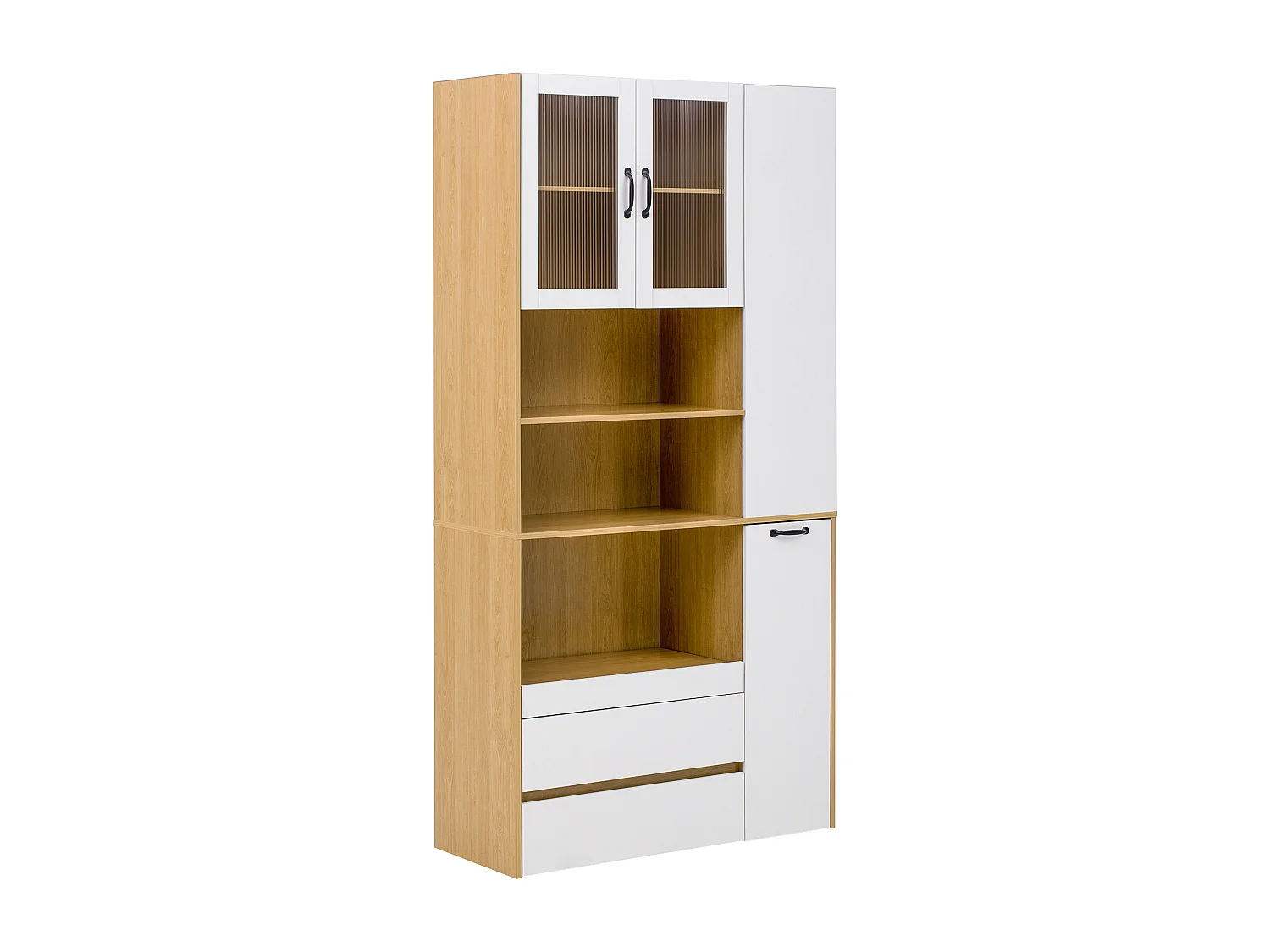 Hoog keukendressoir - 100 x 40 x 200 cm - met verstelbare planken en lades + deuren - MDF - wit + naturel