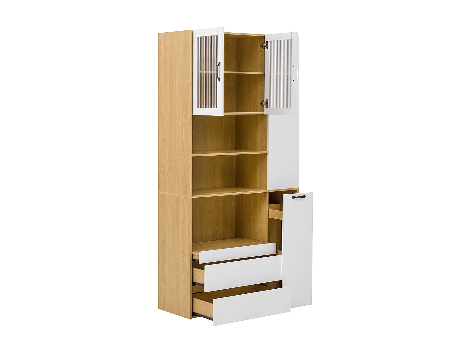 Hoog keukendressoir - 100 x 40 x 200 cm - met verstelbare planken en lades + deuren - MDF - wit + naturel