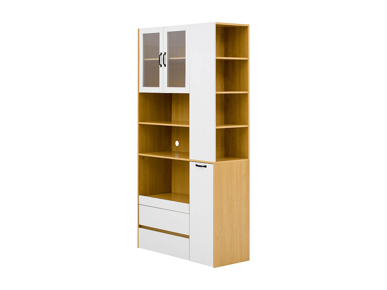 Hoog keukendressoir - 100 x 40 x 200 cm - met verstelbare planken en lades + deuren - MDF - wit + naturel