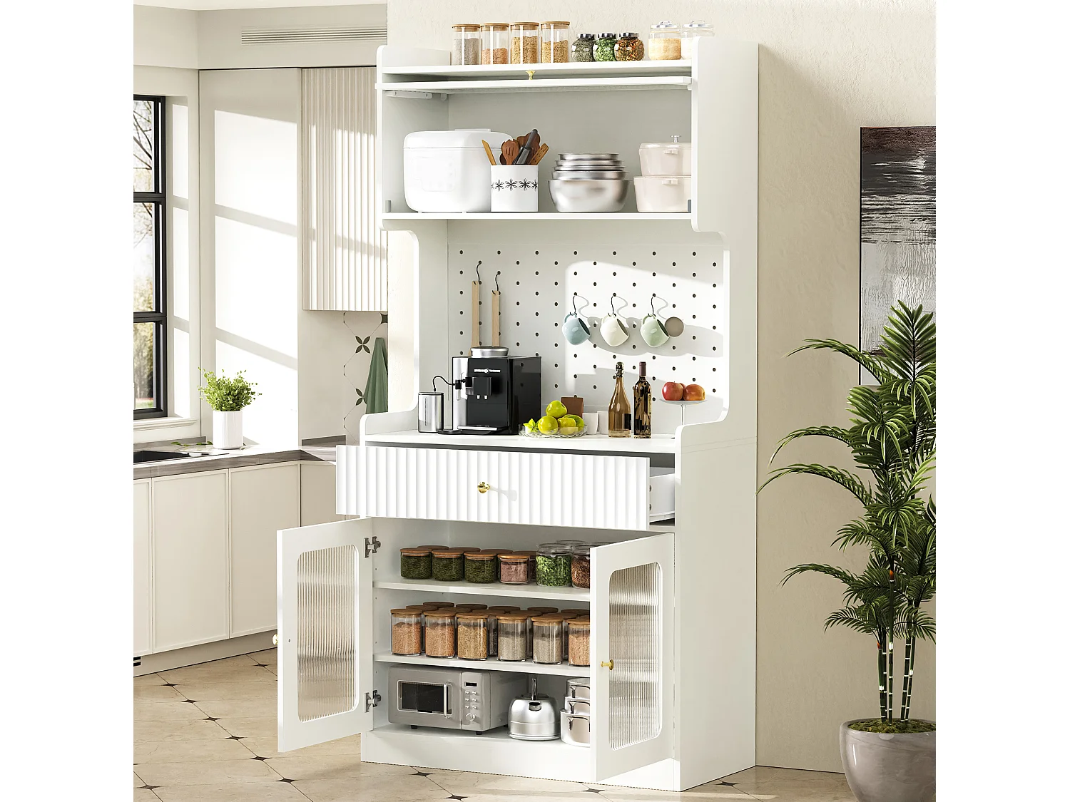 Hoog keukendressoir - 80 x 40 x 180 cm - met planken + lade + glazen deuren + LED-verlichting - MDF - wit