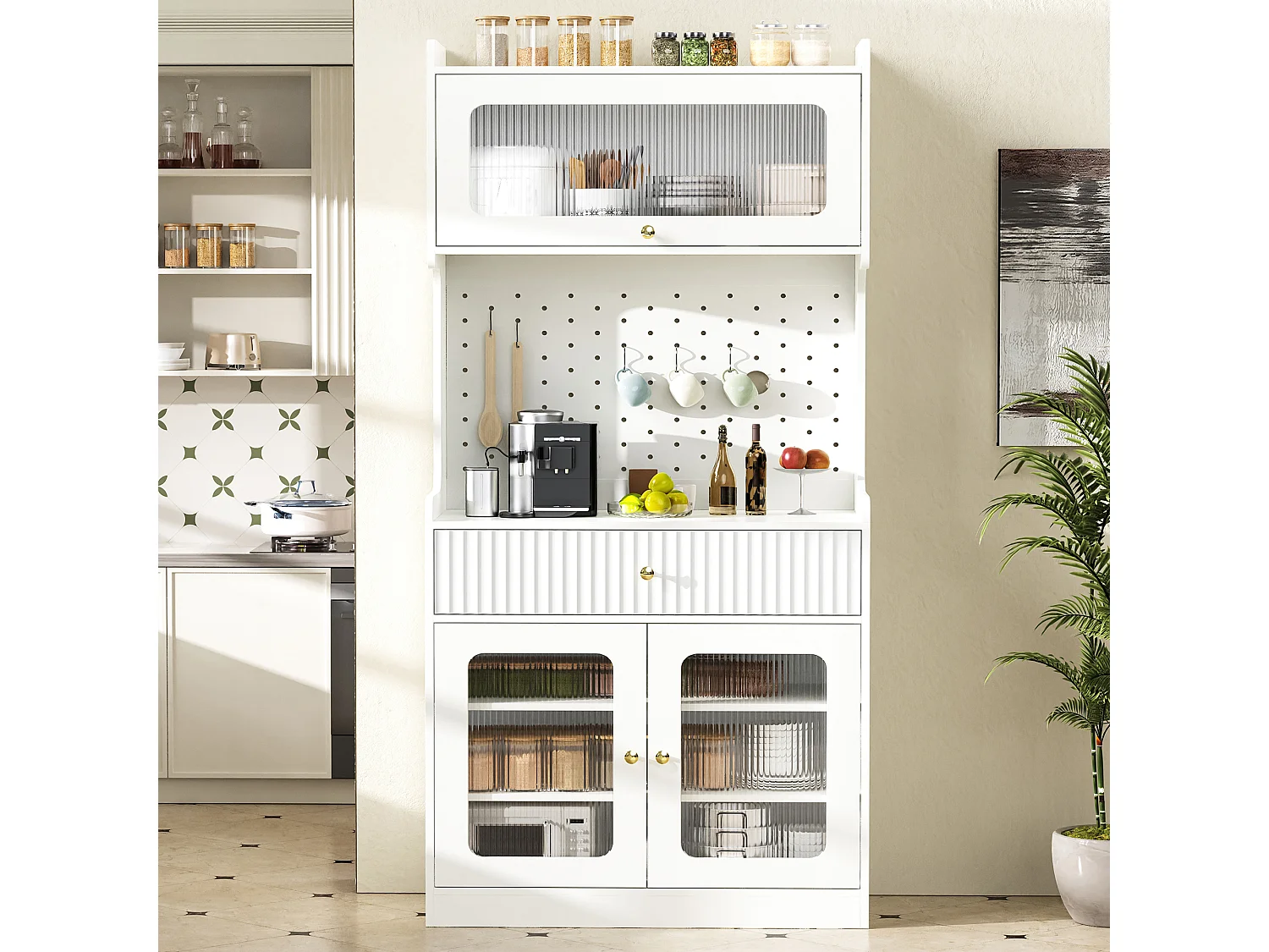 Hoog keukendressoir - 80 x 40 x 180 cm - met planken + lade + glazen deuren + LED-verlichting - MDF - wit