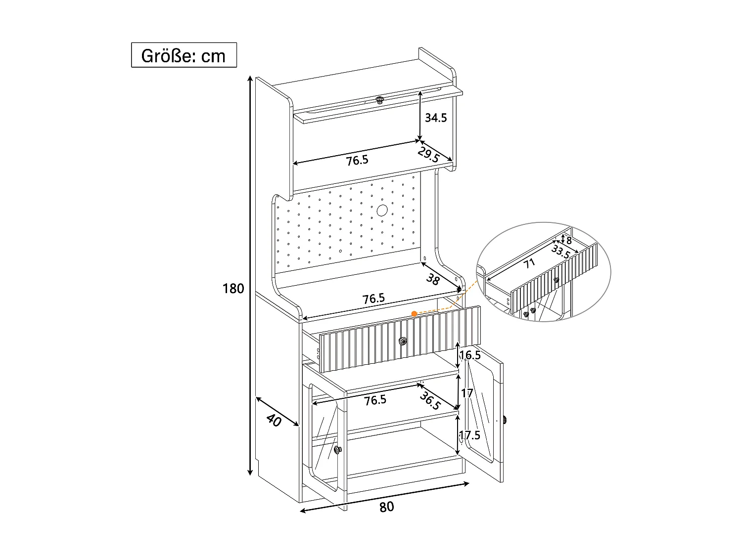 Hoog keukendressoir - 80 x 40 x 180 cm - met planken + lade + glazen deuren + LED-verlichting - MDF - wit
