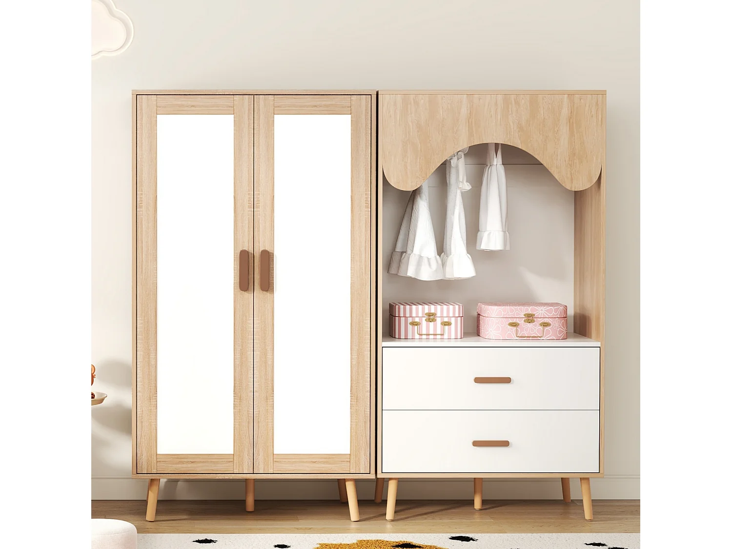 Ensemble armoire 2 pièces - 160 x 46 x 141.5 cm - 1 armoire de 2 portes + 1 armoire ouverte - avec tiroirs - MDF - naturel + blanc