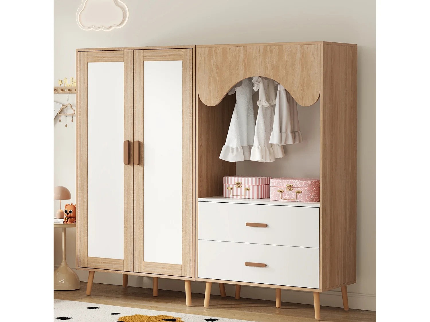 Ensemble armoire 2 pièces - 160 x 46 x 141.5 cm - 1 armoire de 2 portes + 1 armoire ouverte - avec tiroirs - MDF - naturel + blanc