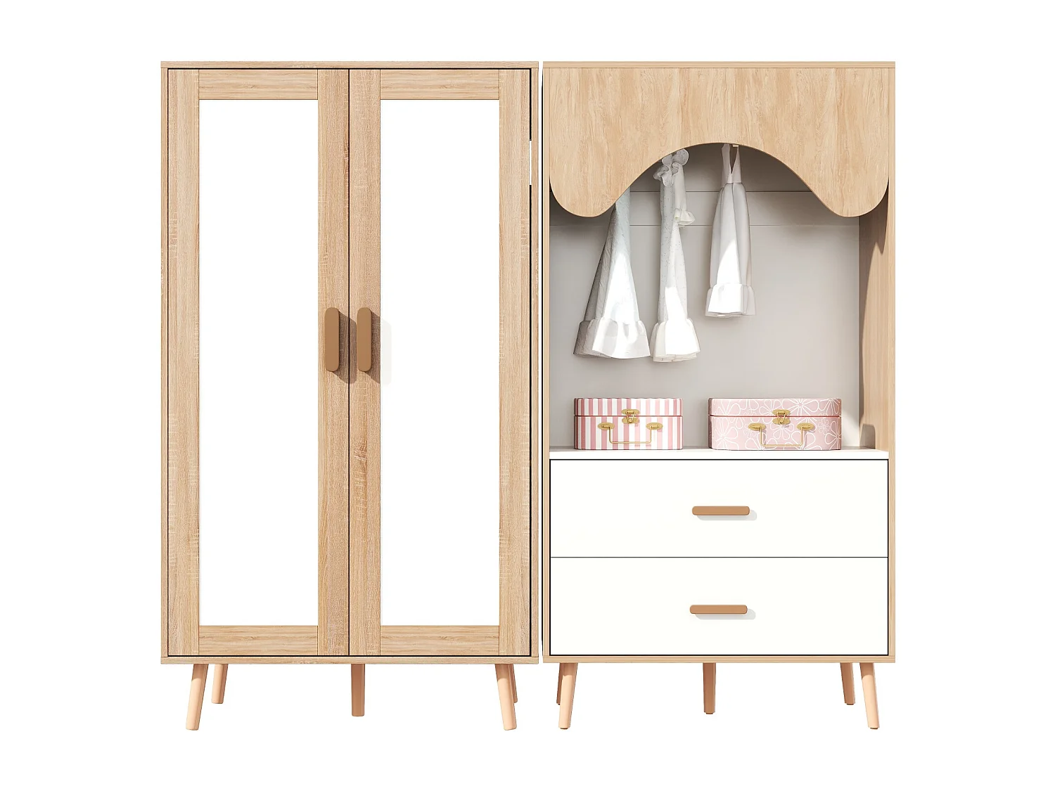 Ensemble armoire 2 pièces - 160 x 46 x 141.5 cm - 1 armoire de 2 portes + 1 armoire ouverte - avec tiroirs - MDF - naturel + blanc