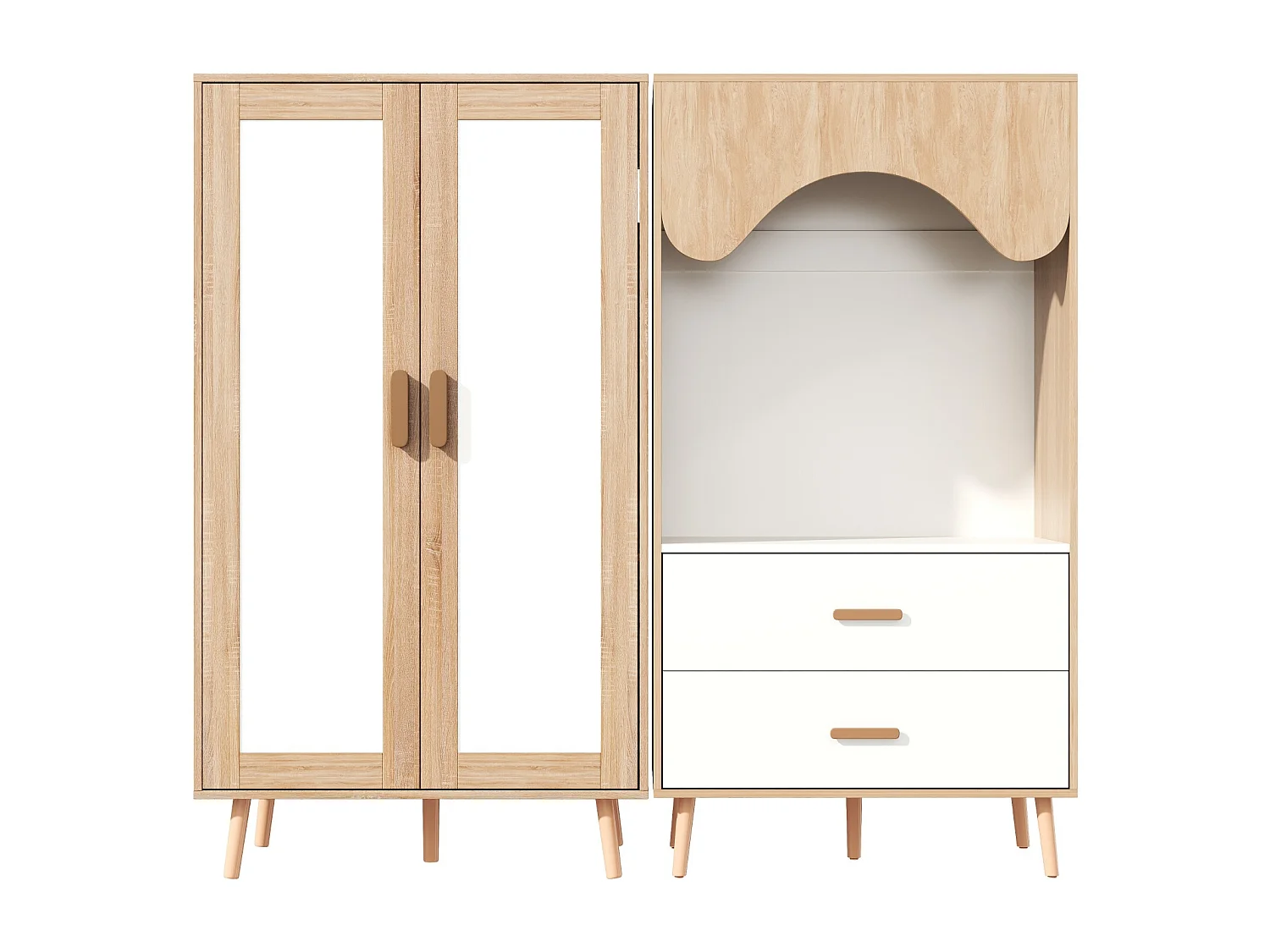 Ensemble armoire 2 pièces - 160 x 46 x 141.5 cm - 1 armoire de 2 portes + 1 armoire ouverte - avec tiroirs - MDF - naturel + blanc