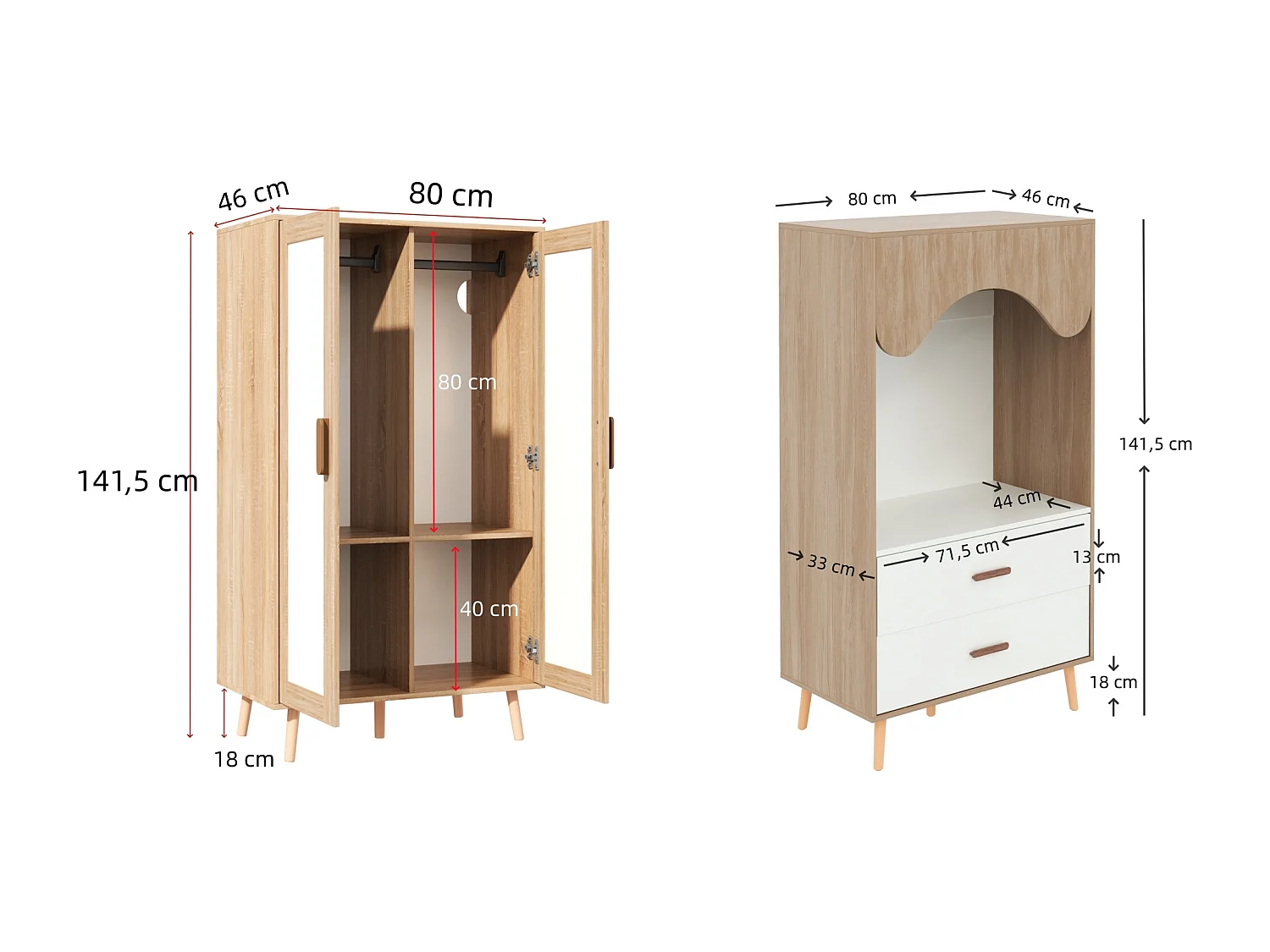 Ensemble armoire 2 pièces - 160 x 46 x 141.5 cm - 1 armoire de 2 portes + 1 armoire ouverte - avec tiroirs - MDF - naturel + blanc