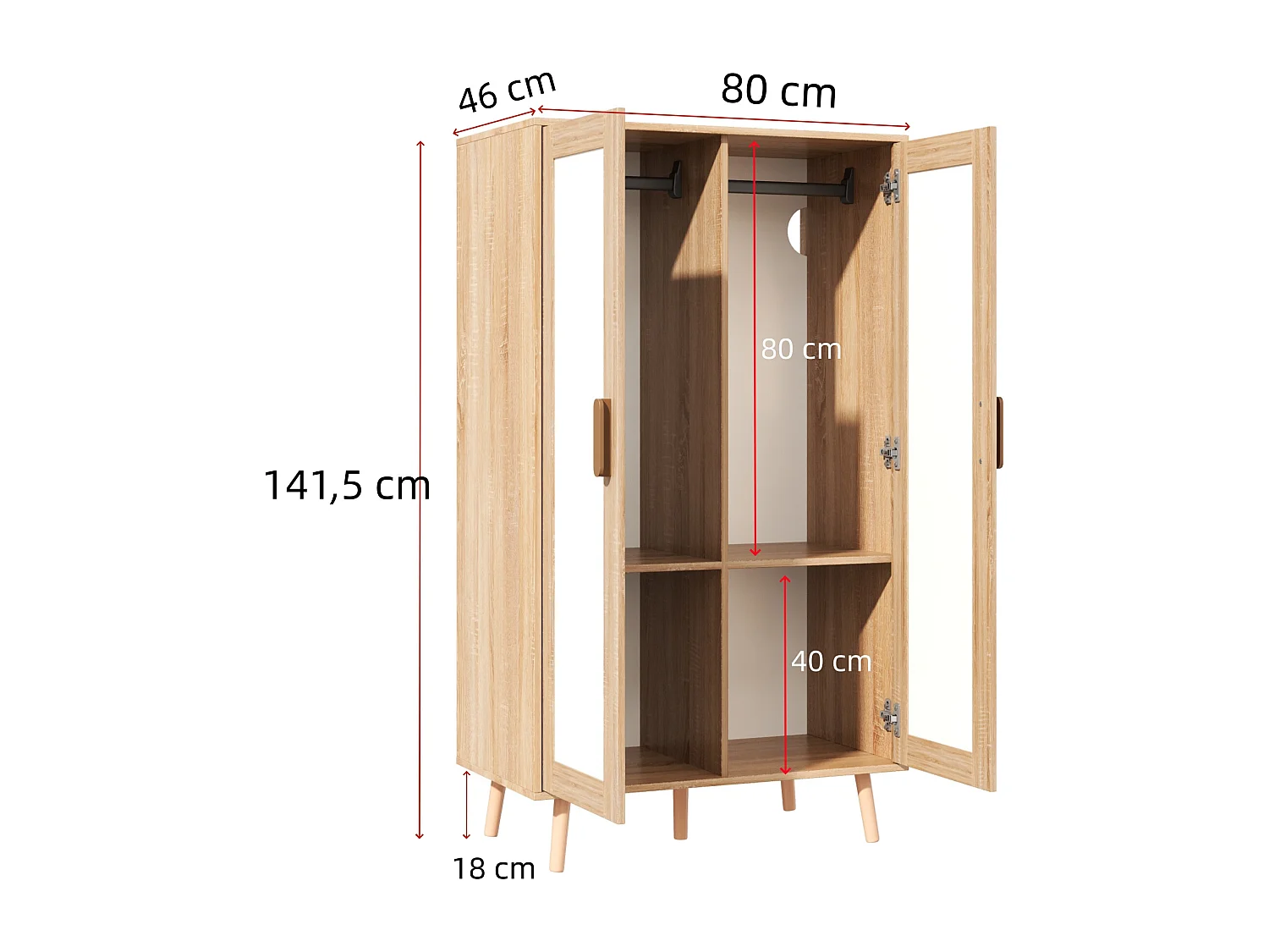 Ensemble armoire 2 pièces - 160 x 46 x 141.5 cm - 1 armoire de 2 portes + 1 armoire ouverte - avec tiroirs - MDF - naturel + blanc