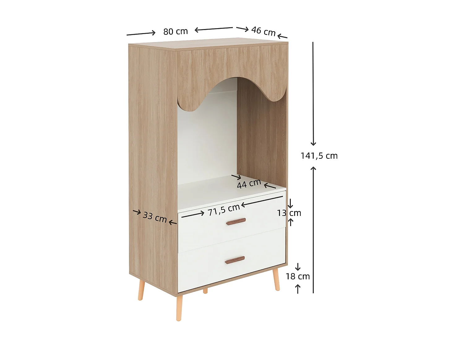 Ensemble armoire 2 pièces - 160 x 46 x 141.5 cm - 1 armoire de 2 portes + 1 armoire ouverte - avec tiroirs - MDF - naturel + blanc
