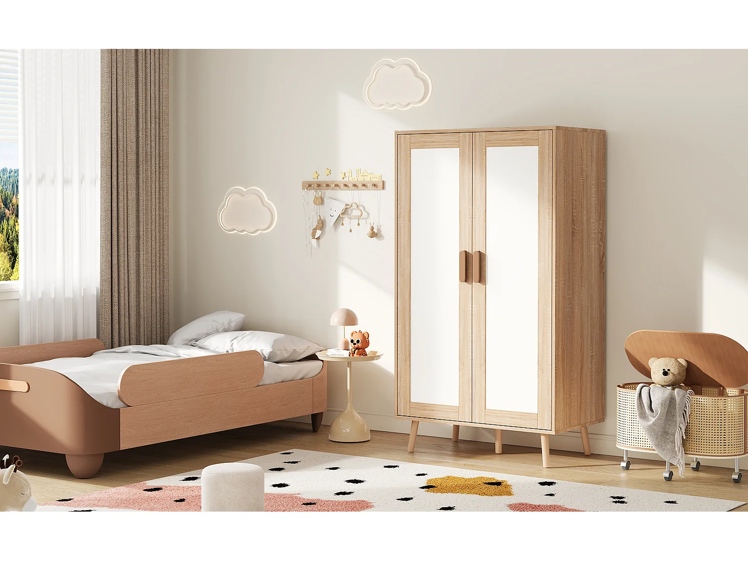 Ensemble armoire 2 pièces - 160 x 46 x 141.5 cm - 1 armoire de 2 portes + 1 armoire ouverte - avec tiroirs - MDF - naturel + blanc