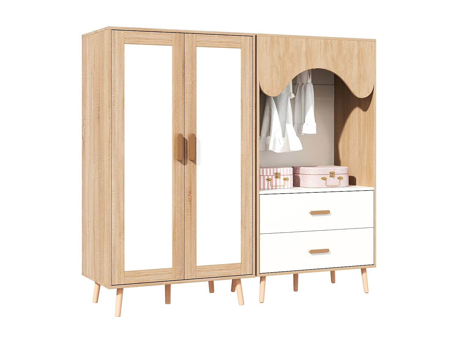 Ensemble armoire 2 pièces - 160 x 46 x 141.5 cm - 1 armoire de 2 portes + 1 armoire ouverte - avec tiroirs - MDF - naturel + blanc