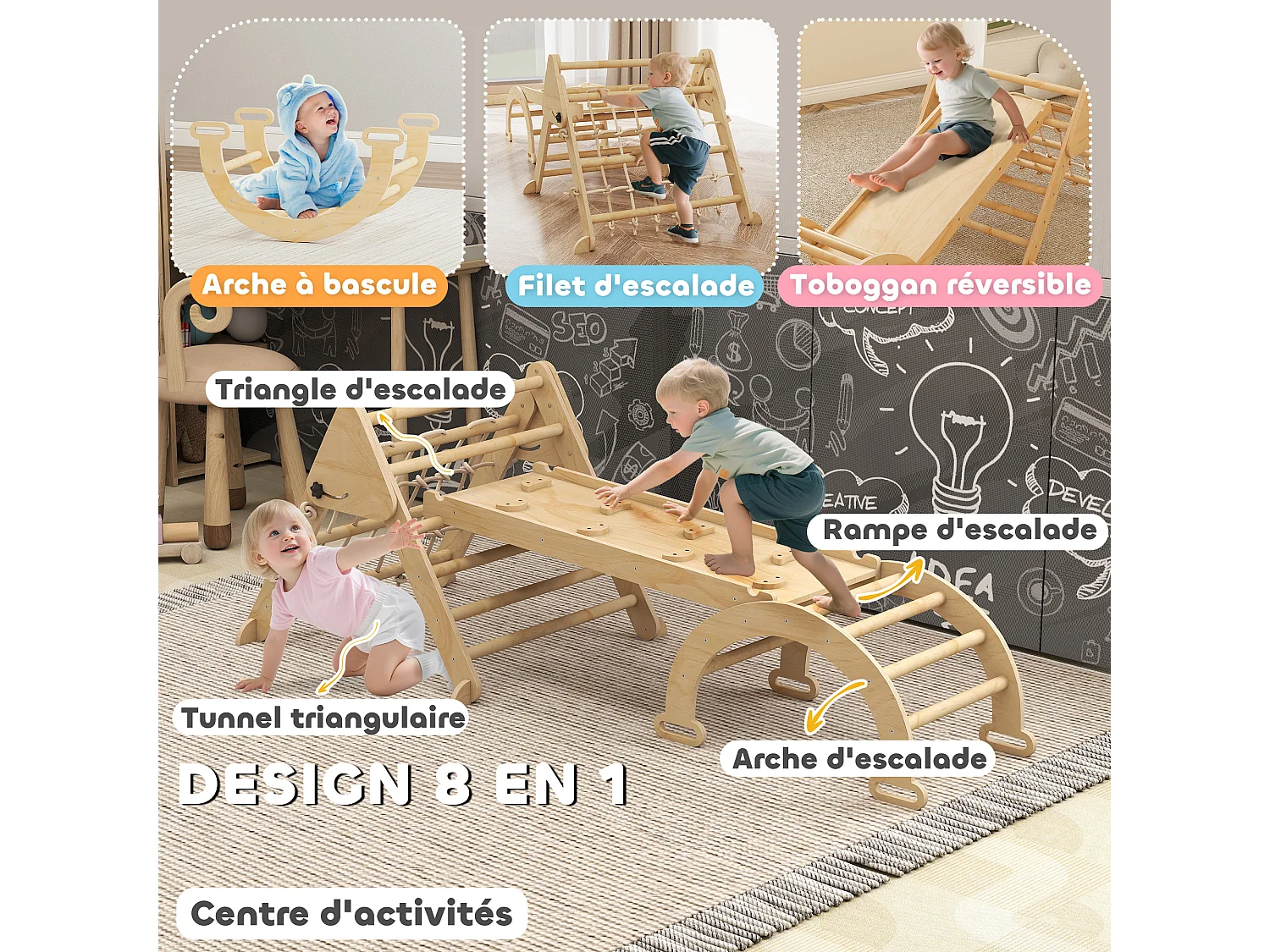 Triangle d'escalade enfant pliable 8 en 1 - aire de jeu enfant - bois naturel