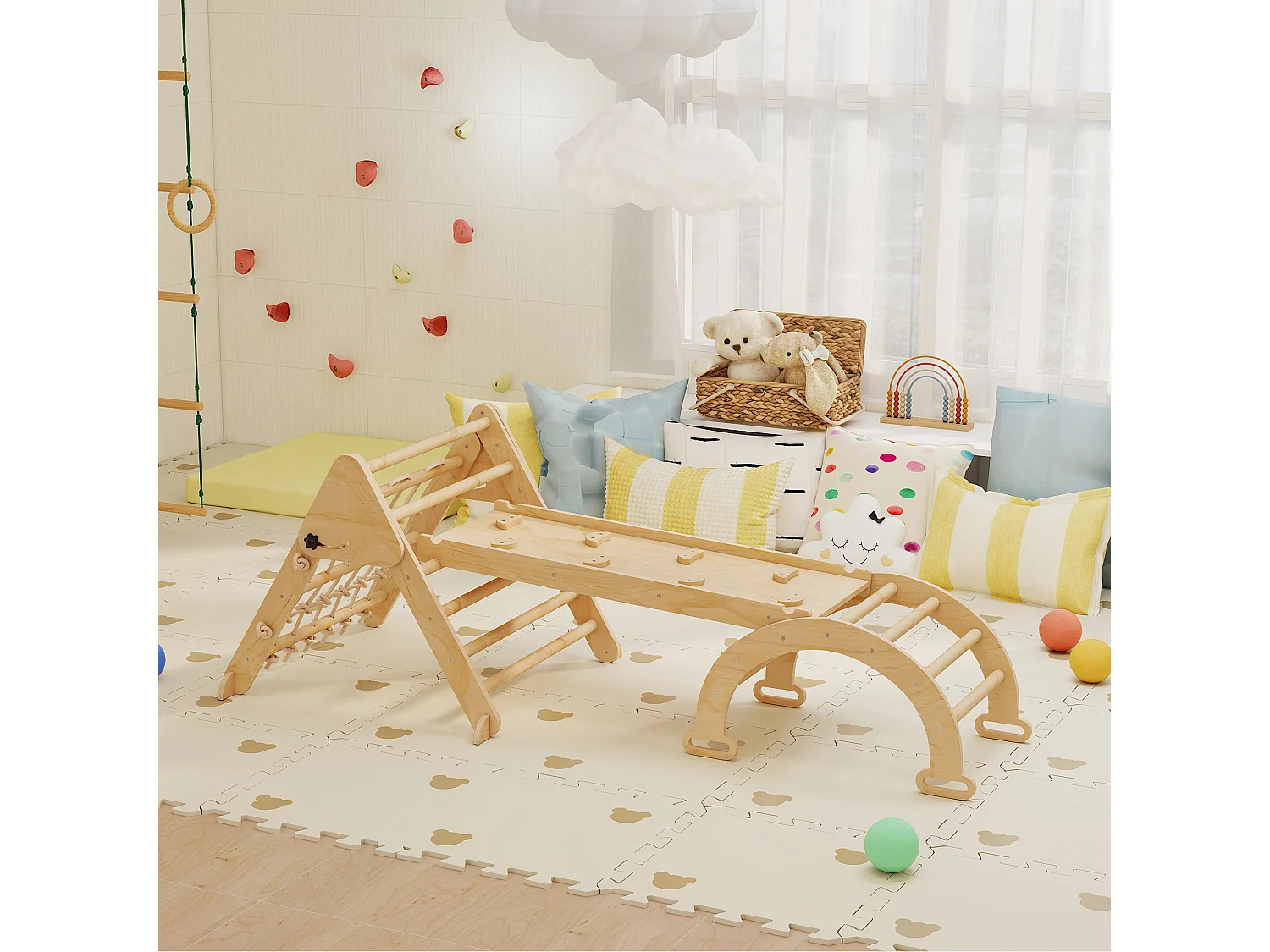 Triangle d'escalade enfant pliable 8 en 1 - aire de jeu enfant - bois naturel