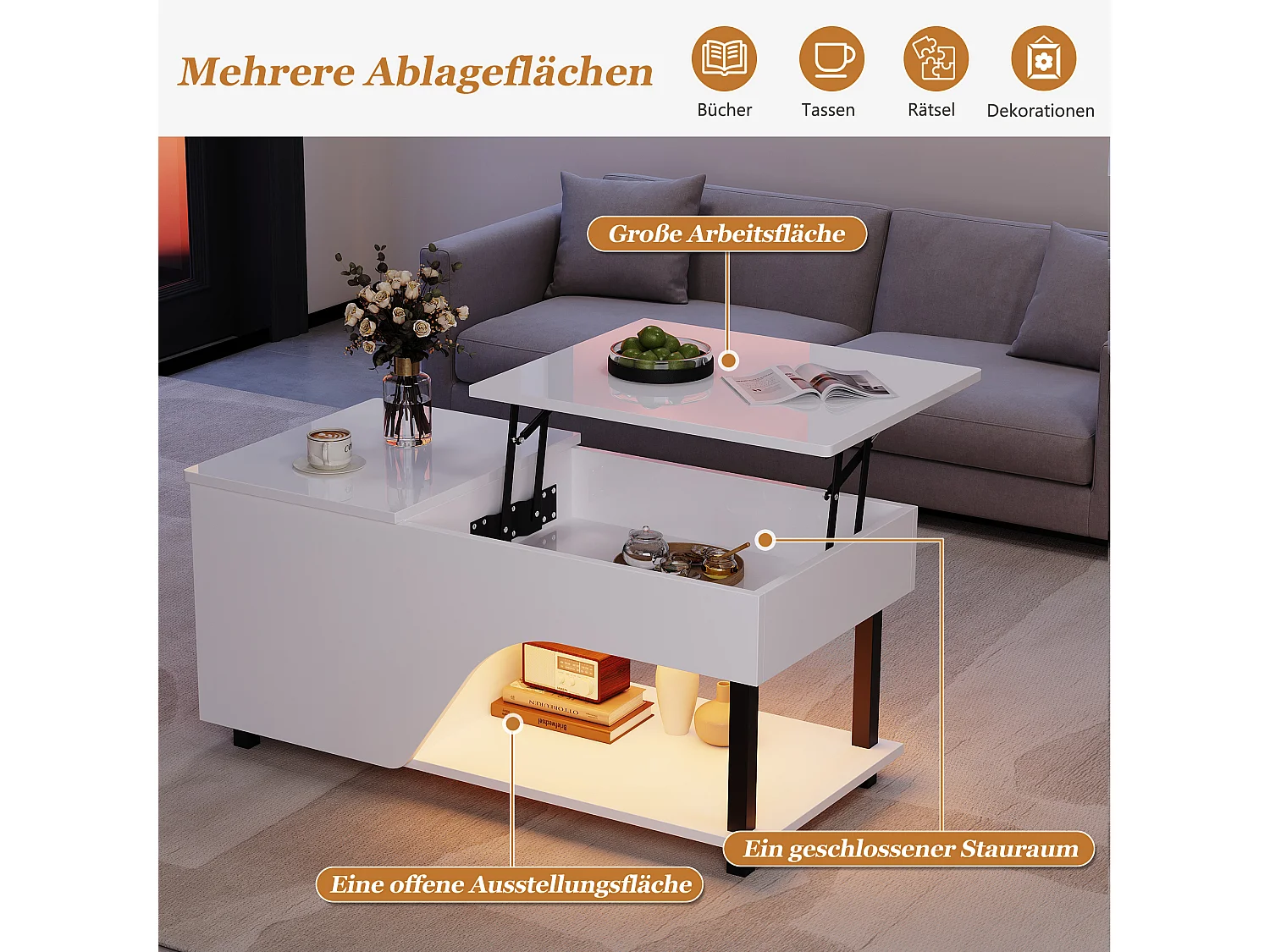 Hochglanzlackierter Couchtisch mit Hubfunktion – 100 x 50 x 46 cm – mit integriertem Stauraum, LED-Beleuchtung und Ablage – Spanplatte – weiß
