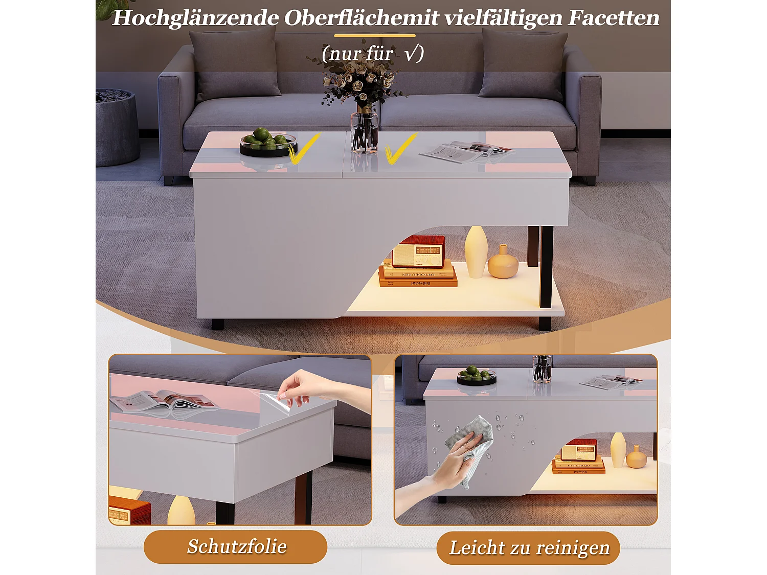 Hochglanzlackierter Couchtisch mit Hubfunktion – 100 x 50 x 46 cm – mit integriertem Stauraum, LED-Beleuchtung und Ablage – Spanplatte – weiß