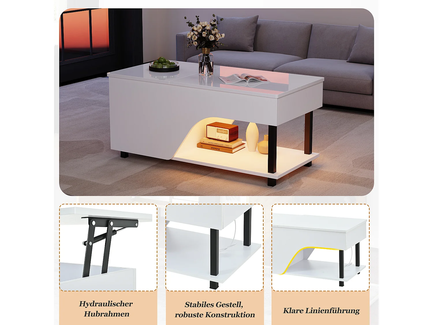 Hochglanzlackierter Couchtisch mit Hubfunktion – 100 x 50 x 46 cm – mit integriertem Stauraum, LED-Beleuchtung und Ablage – Spanplatte – weiß