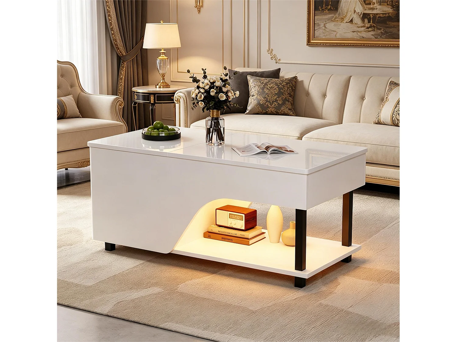 Hochglanzlackierter Couchtisch mit Hubfunktion – 100 x 50 x 46 cm – mit integriertem Stauraum, LED-Beleuchtung und Ablage – Spanplatte – weiß