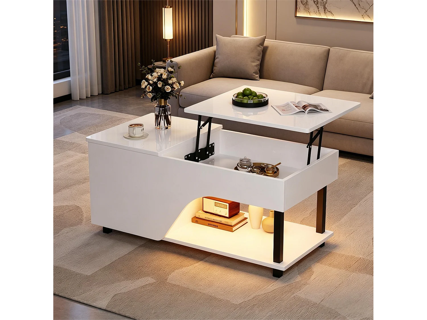 Hochglanzlackierter Couchtisch mit Hubfunktion – 100 x 50 x 46 cm – mit integriertem Stauraum, LED-Beleuchtung und Ablage – Spanplatte – weiß