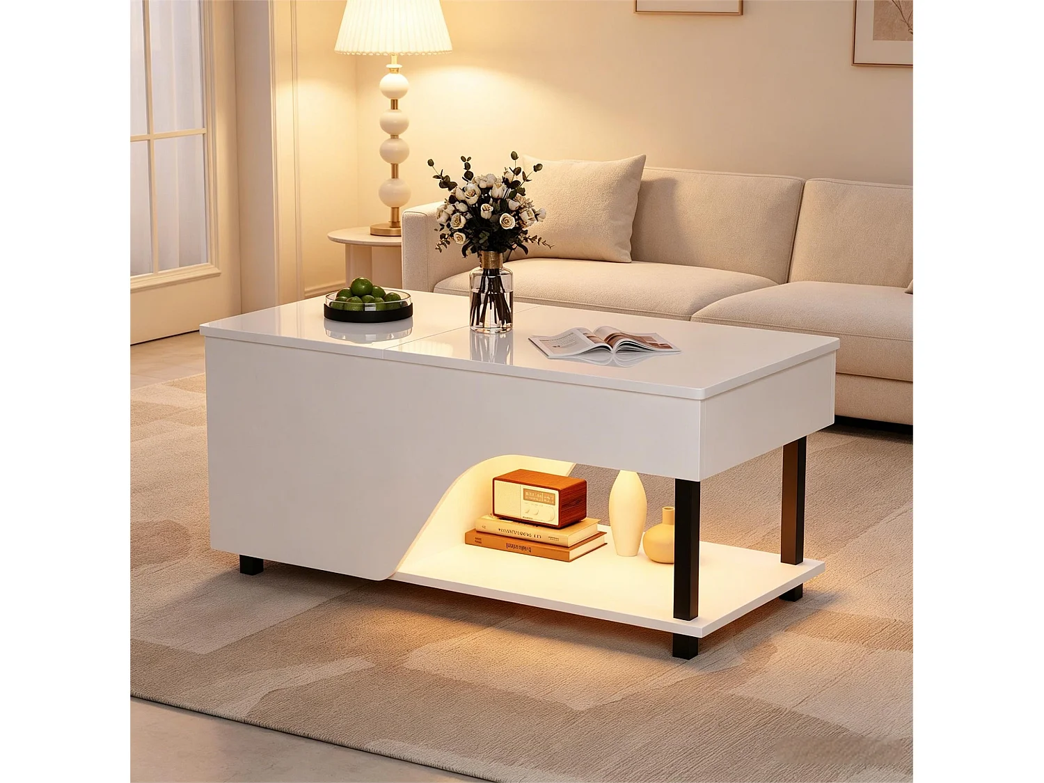 Hochglanzlackierter Couchtisch mit Hubfunktion – 100 x 50 x 46 cm – mit integriertem Stauraum, LED-Beleuchtung und Ablage – Spanplatte – weiß