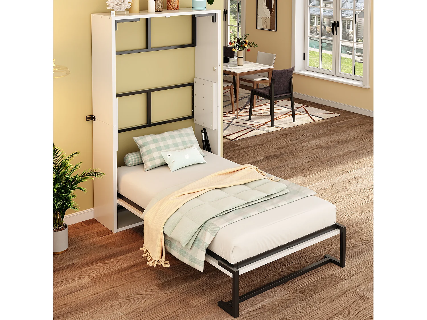 Letto a scomparsa da parete - 90 x 200 cm - struttura in metallo - montaggio a parete - legno + metallo - bianco