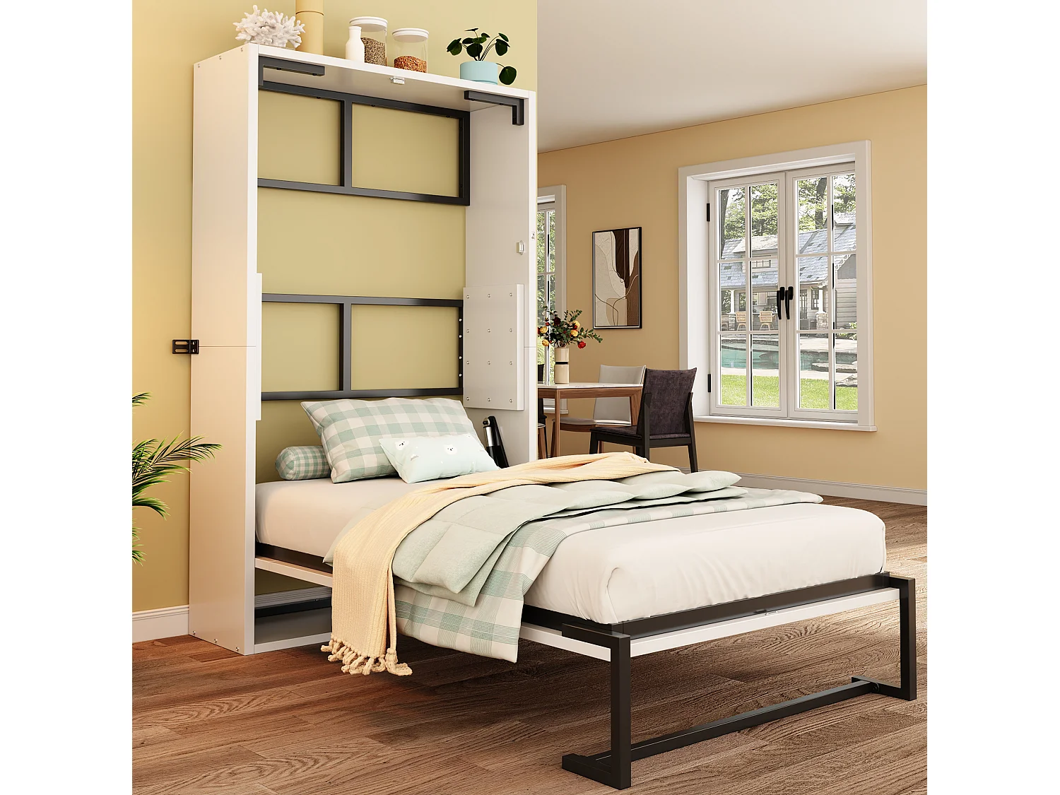 Letto a scomparsa da parete - 90 x 200 cm - struttura in metallo - montaggio a parete - legno + metallo - bianco