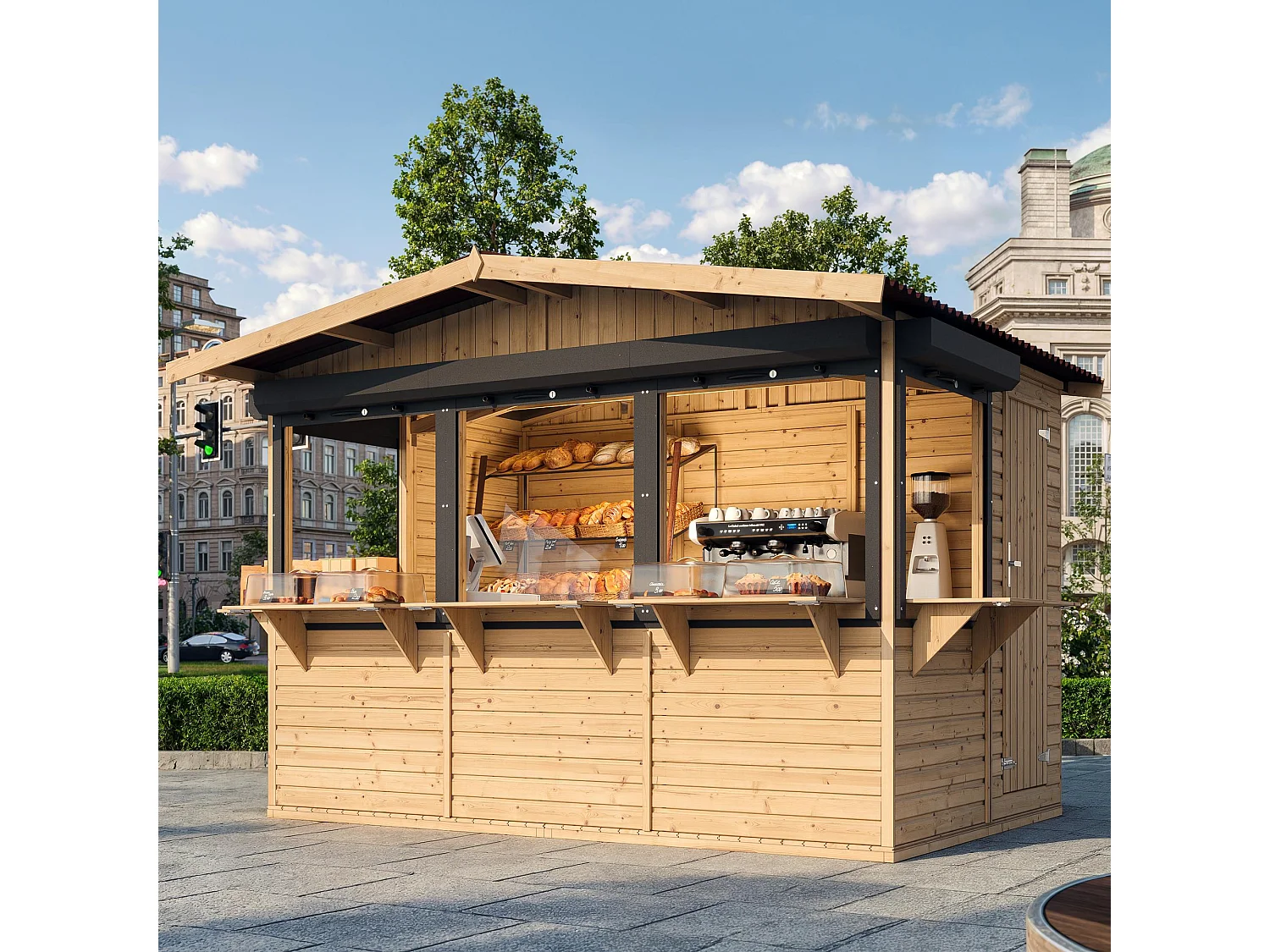 Wooden Market Stall with Lockable Roller Shutters - 6 m² / 263 x 336 x H232 cm - M150BZ