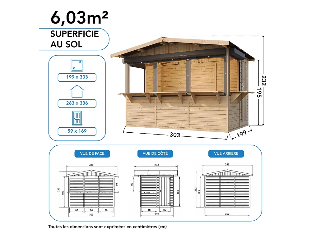 Kiosque en bois - 6 m² - 263x336xH232 cm - avec 5 volets roulants verrouillables - M150BZ