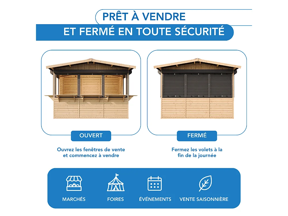 Kiosque en bois - 6 m² - 263x336xH232 cm - avec 5 volets roulants verrouillables - M150BZ