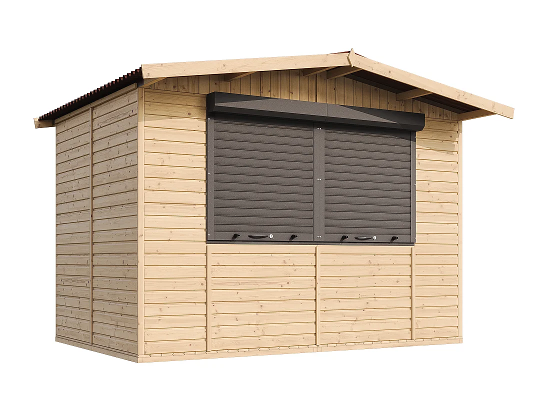 Wooden Market Stall with Lockable Roller Shutters - 6 m² / 263 x 336 x H232 cm - M150Z