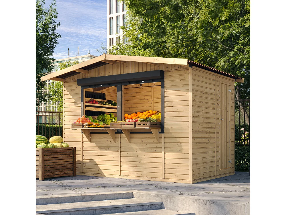 Wooden Market Stall with Lockable Roller Shutters - 6 m² / 263 x 336 x H232 cm - M150Z