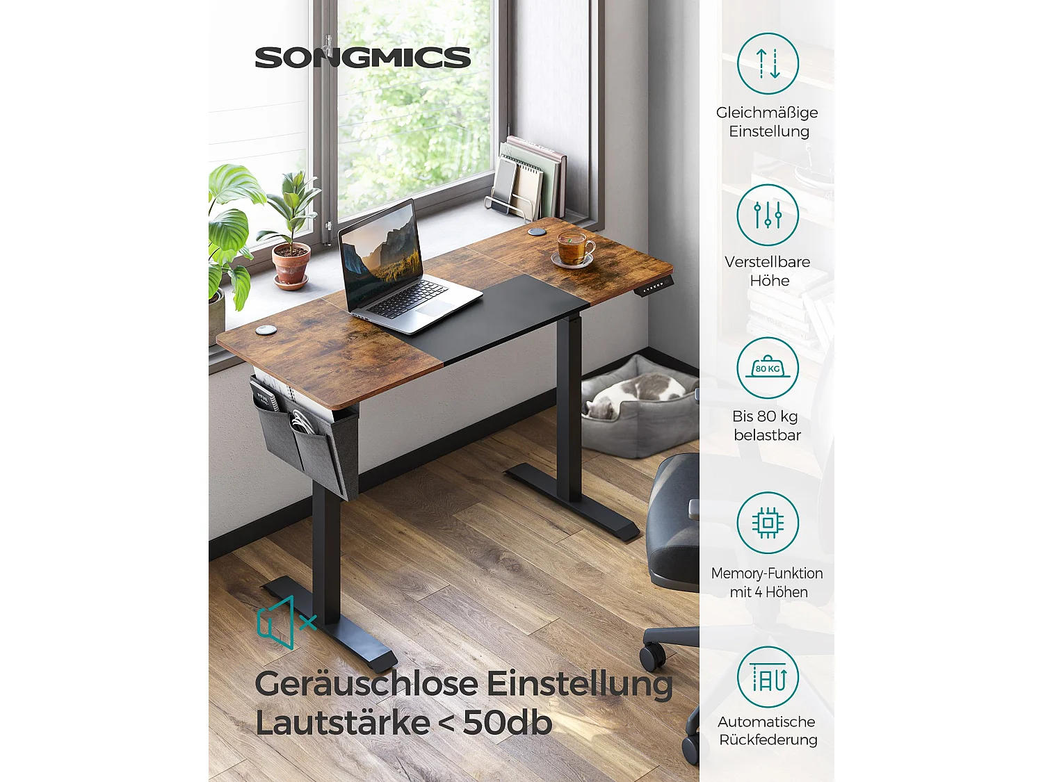 SONGMICS Højdejusterbart elektrisk skrivebord, 60 x 140 x (72-120) cm, fuldt justerbart, splejset plade, hukommelsesfunktion med 4 højder, belastningsbeskyttelse,