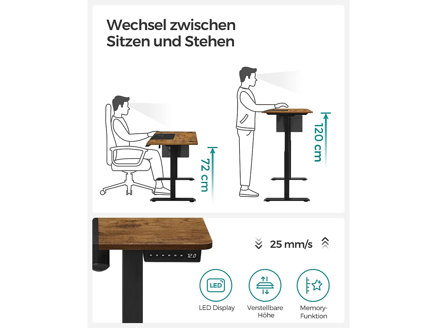 SONGMICS Højdejusterbart elektrisk skrivebord, 60 x 140 x (72-120) cm, fuldt justerbart, splejset plade, hukommelsesfunktion med 4 højder, belastningsbeskyttelse,