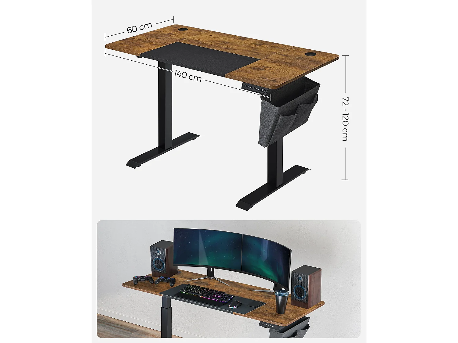SONGMICS Højdejusterbart elektrisk skrivebord, 60 x 140 x (72-120) cm, fuldt justerbart, splejset plade, hukommelsesfunktion med 4 højder, belastningsbeskyttelse,