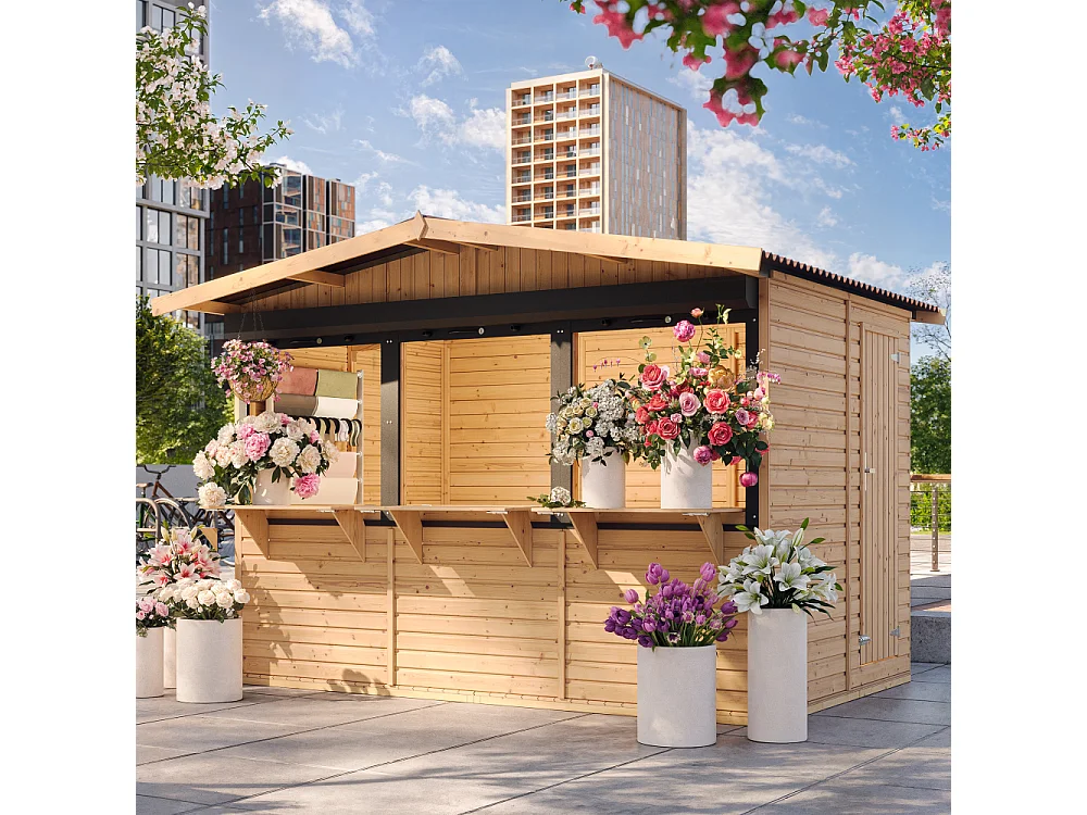 Wooden Market Stall with Lockable Roller Shutters - 6 m² / 263 x 336 x H232 cm - M150AZ