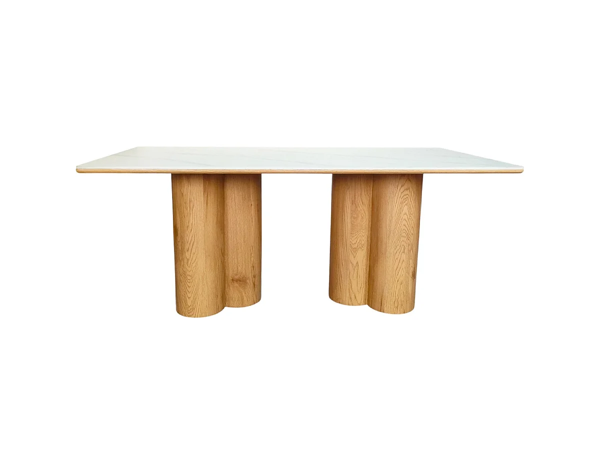 Table à manger rectangulaire 8 pers. en céramique effet Marbre blanc et piètement effet bois 180x90 cm - Kaolin