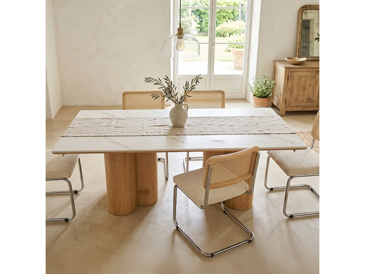 Table à manger rectangulaire 8 pers. en céramique effet Marbre blanc et piètement effet bois 180x90 cm - Kaolin