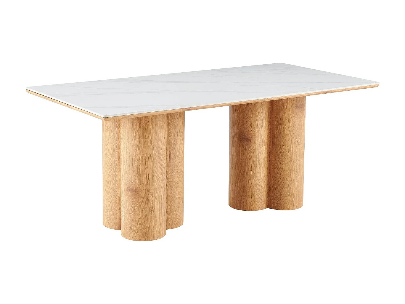 Table à manger rectangulaire 8 pers. en céramique effet Marbre blanc et piètement effet bois 180x90 cm - Kaolin