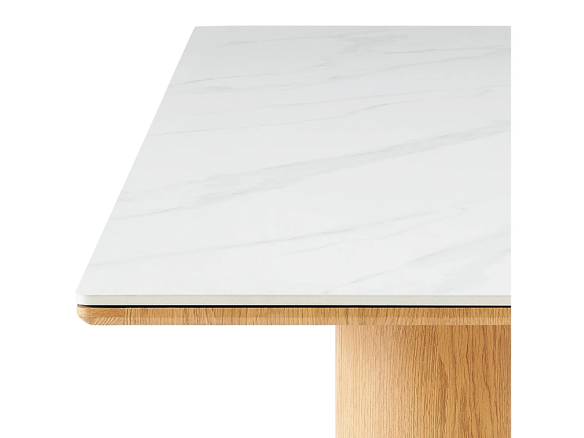 Table à manger rectangulaire 8 pers. en céramique effet Marbre blanc et piètement effet bois 180x90 cm - Kaolin