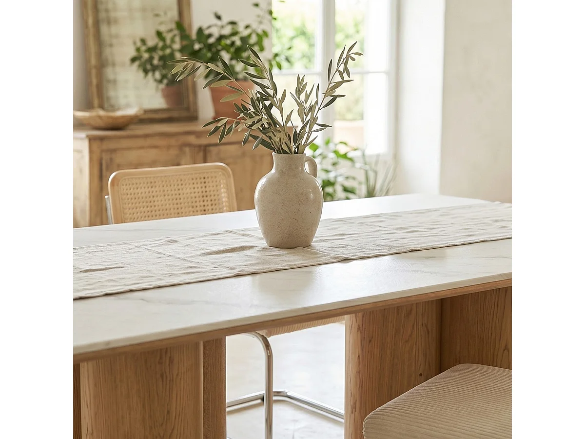 Table à manger rectangulaire 8 pers. en céramique effet Marbre blanc et piètement effet bois 180x90 cm - Kaolin