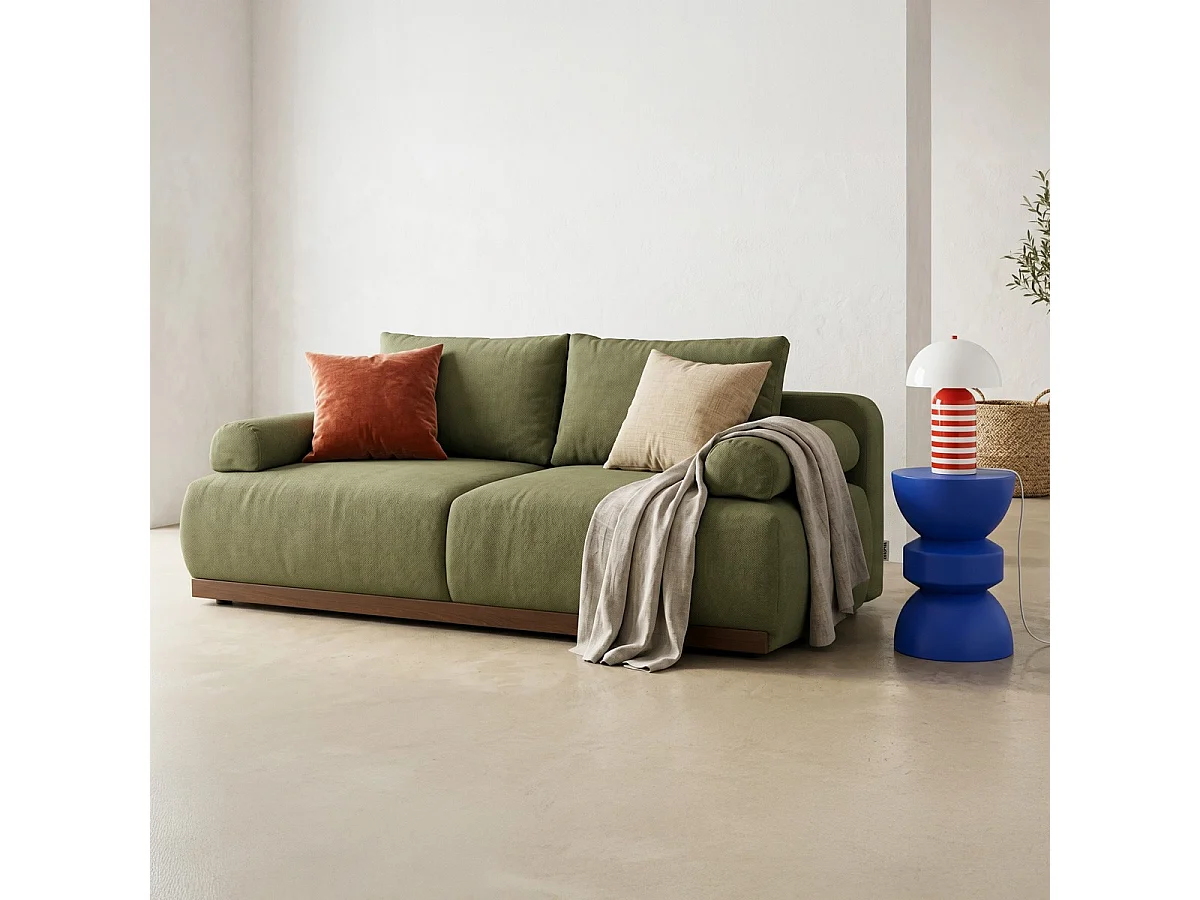 Canapé convertible 3 places avec coffre de rangement en tissu chenille vert olive - ouverture rapide - Auteuil