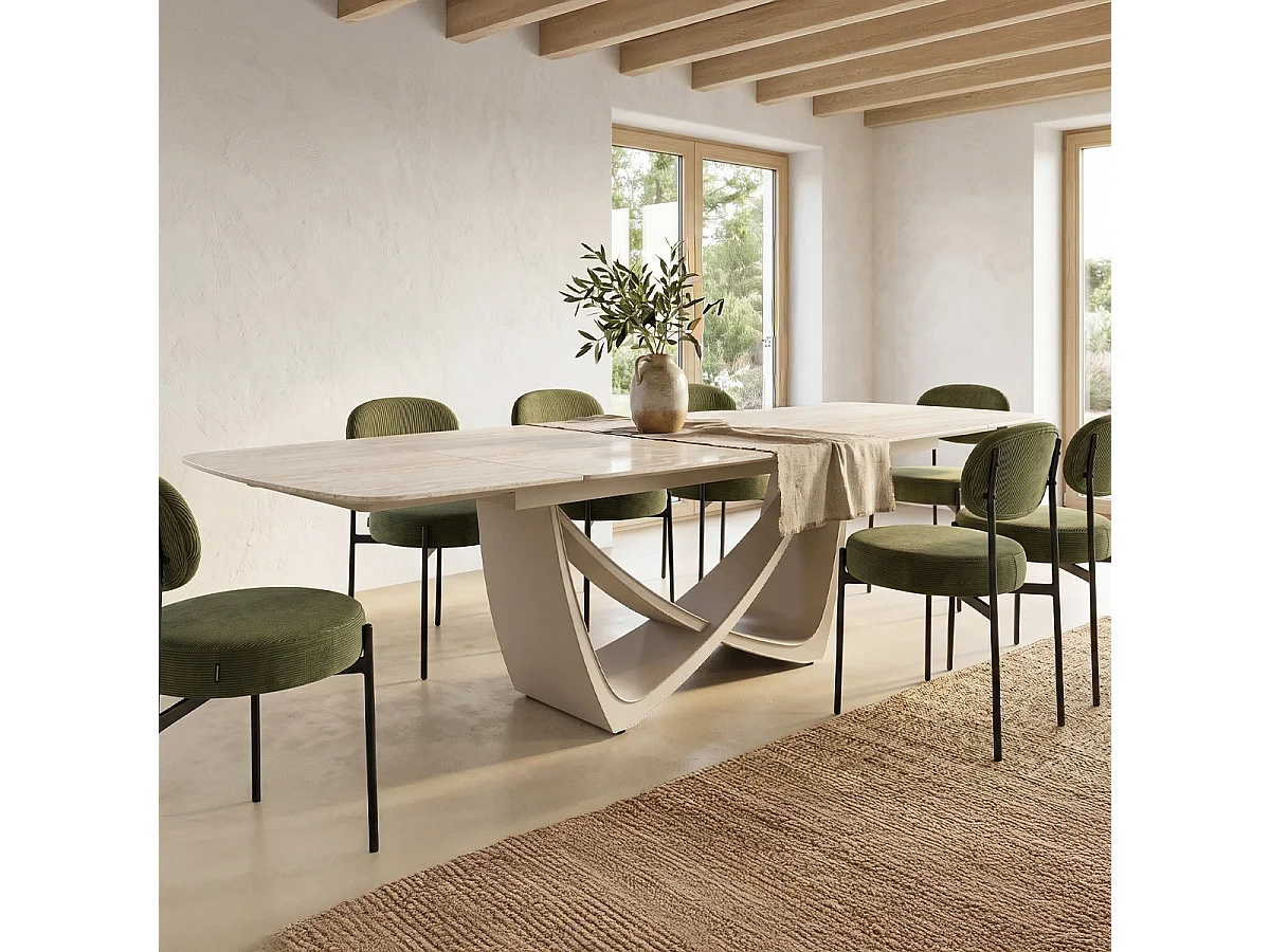 Table à manger rectangulaire extensible 8/12 pers. en céramique effet Travertin et piètement blanc 200/300x100 cm - Thule