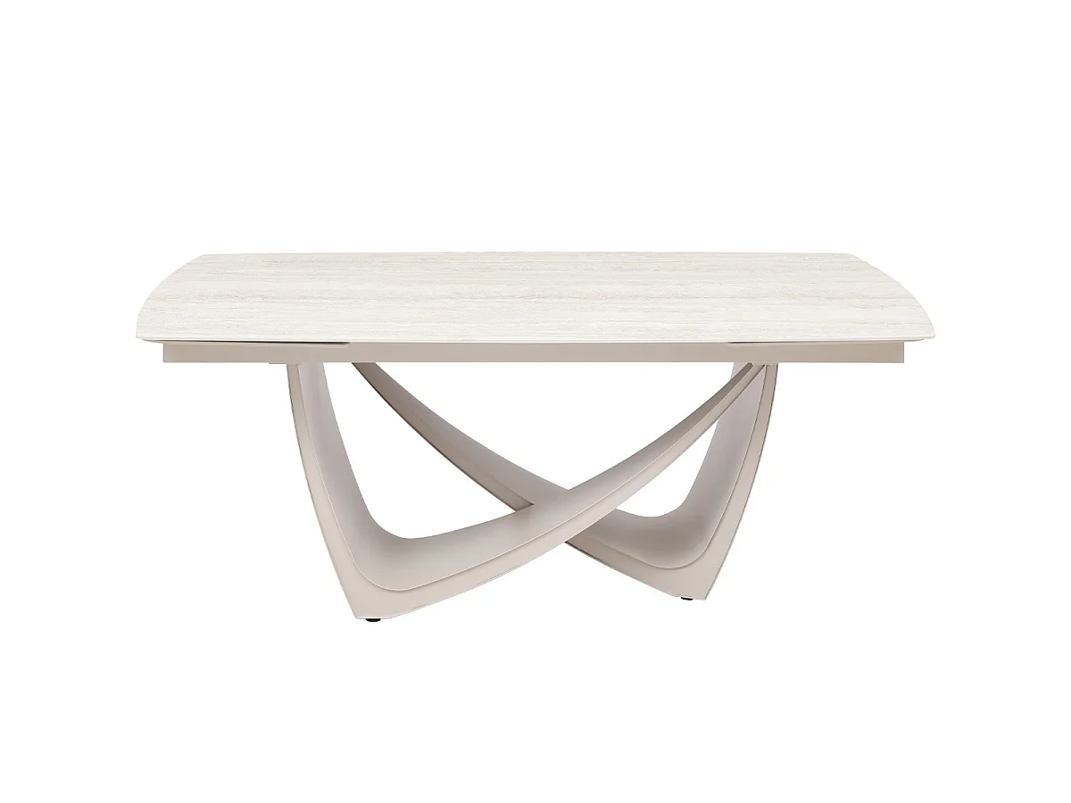 Table à manger rectangulaire extensible 8/12 pers. en céramique effet Travertin et piètement blanc 200/300x100 cm - Thule