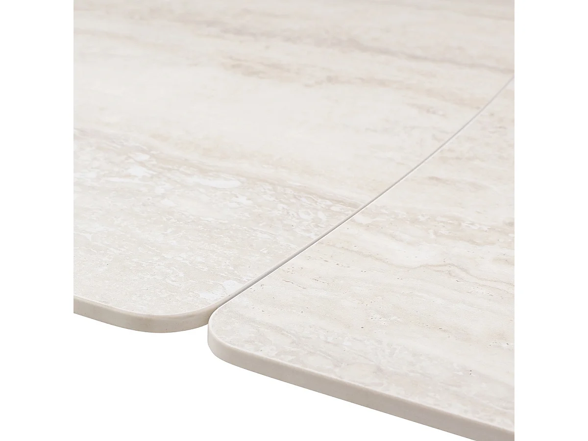 Table à manger rectangulaire extensible 8/12 pers. en céramique effet Travertin et piètement blanc 200/300x100 cm - Thule
