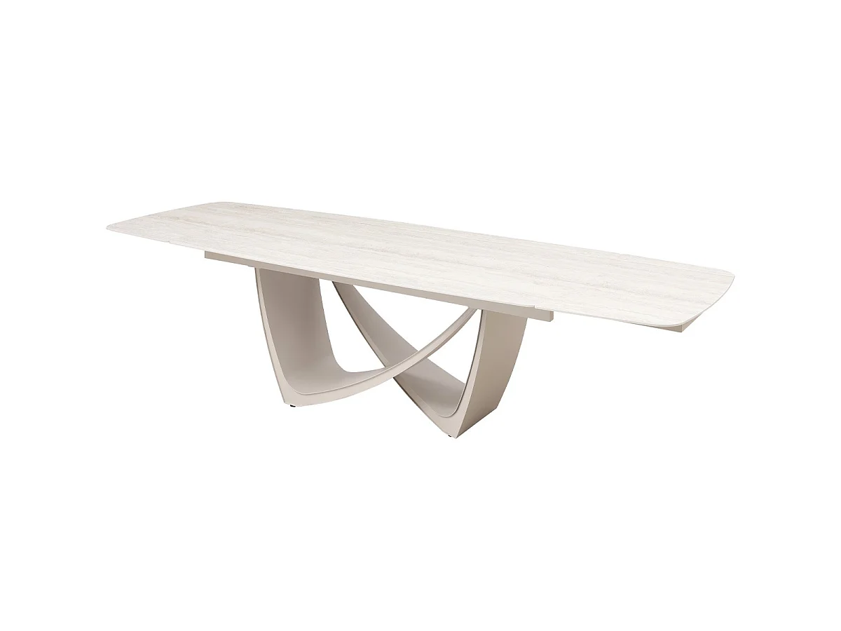 Table à manger rectangulaire extensible 8/12 pers. en céramique effet Travertin et piètement blanc 200/300x100 cm - Thule