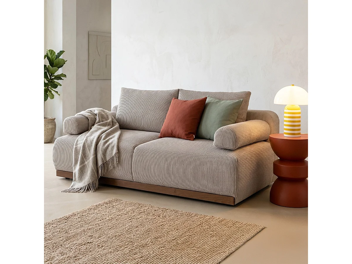 Canapé convertible 3 places avec coffre de rangement en velours côtelé taupe - ouverture rapide - Auteuil