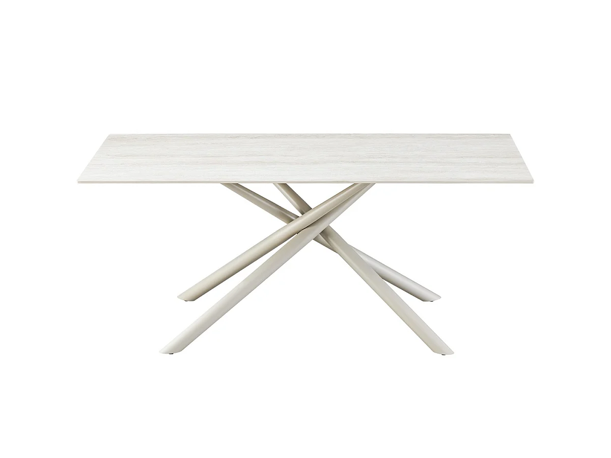 Table à manger rectangulaire 8 pers. en céramique effet Travertin et piètement blanc 180x90 cm - Nevel