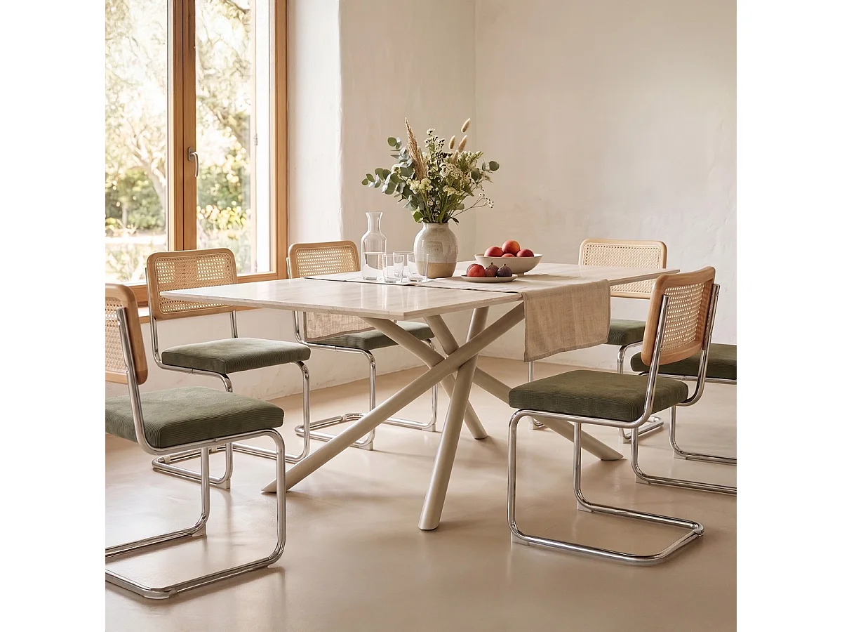 Table à manger rectangulaire 8 pers. en céramique effet Travertin et piètement blanc 180x90 cm - Nevel