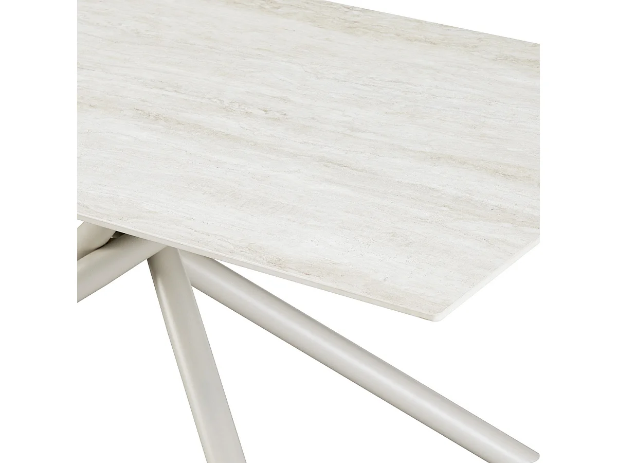 Table à manger rectangulaire 8 pers. en céramique effet Travertin et piètement blanc 180x90 cm - Nevel