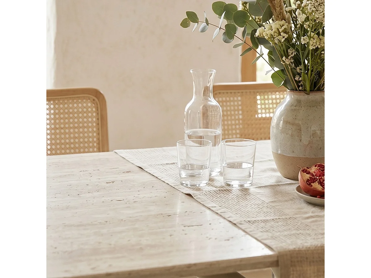 Table à manger rectangulaire 8 pers. en céramique effet Travertin et piètement blanc 180x90 cm - Nevel